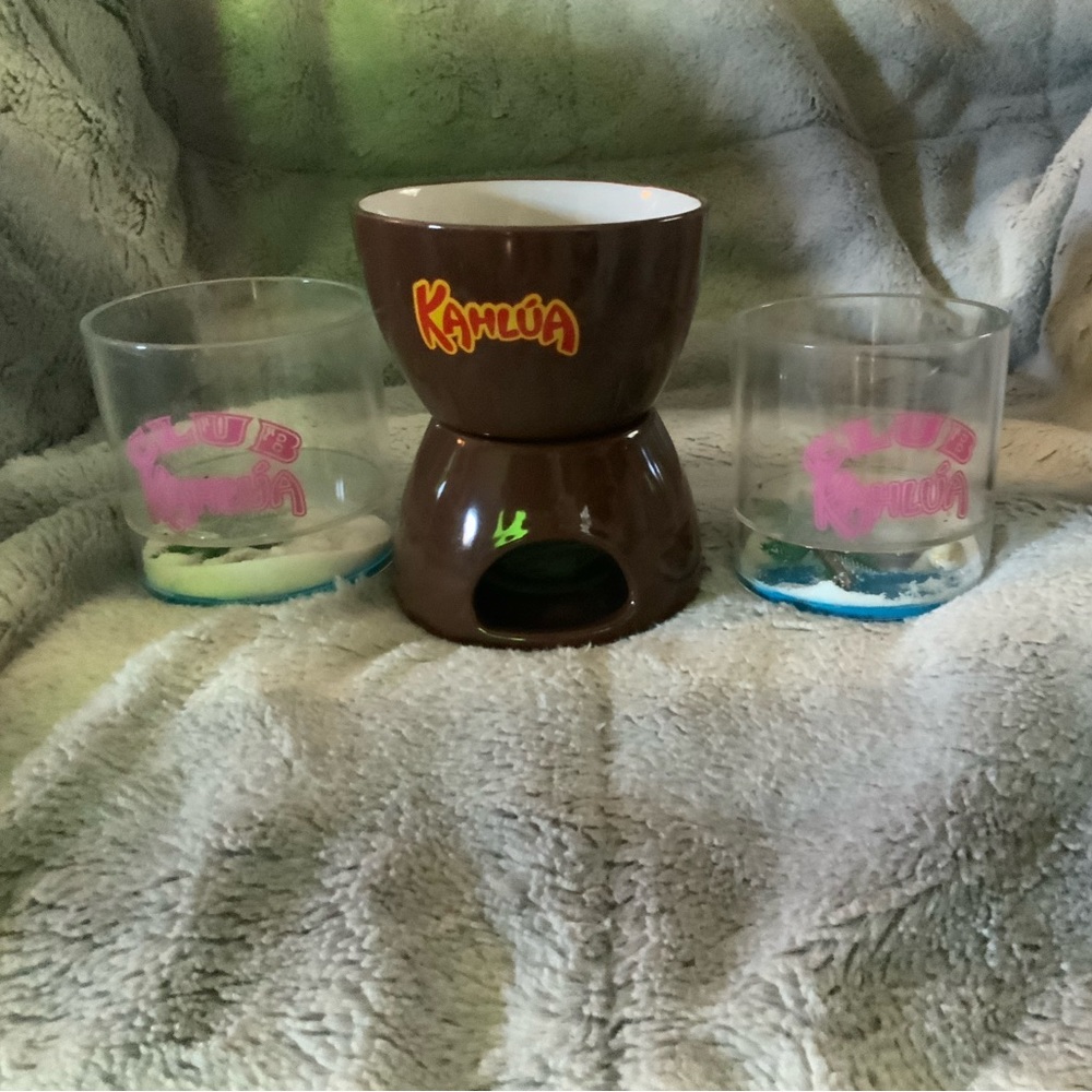 Kahlua Coffee Liqueur Brown Fondue Tea Light Warmer and cups 4 pc